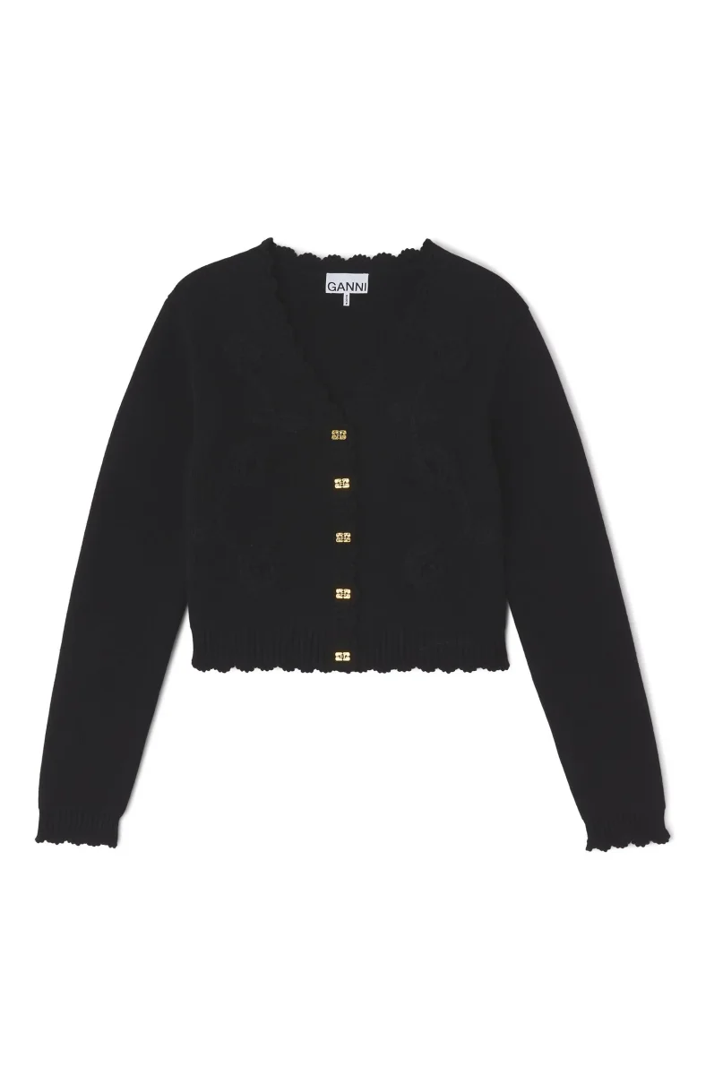 Cotton Cashmere Crochet Applique Cardigan Black